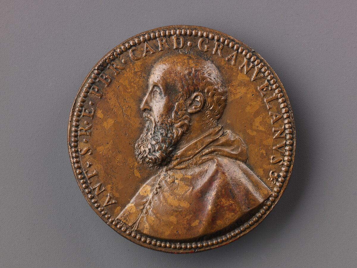 Portrait medal of Antoine Perrenot Granvelle (obverse); Don Juan of Austria Receiving the Standard from Granvelle (reverse), Giovanni V. Melon (Italian, active ca. 1570–90), Bronze (Copper alloy with orange-brown,
mottled cuprite patina). 