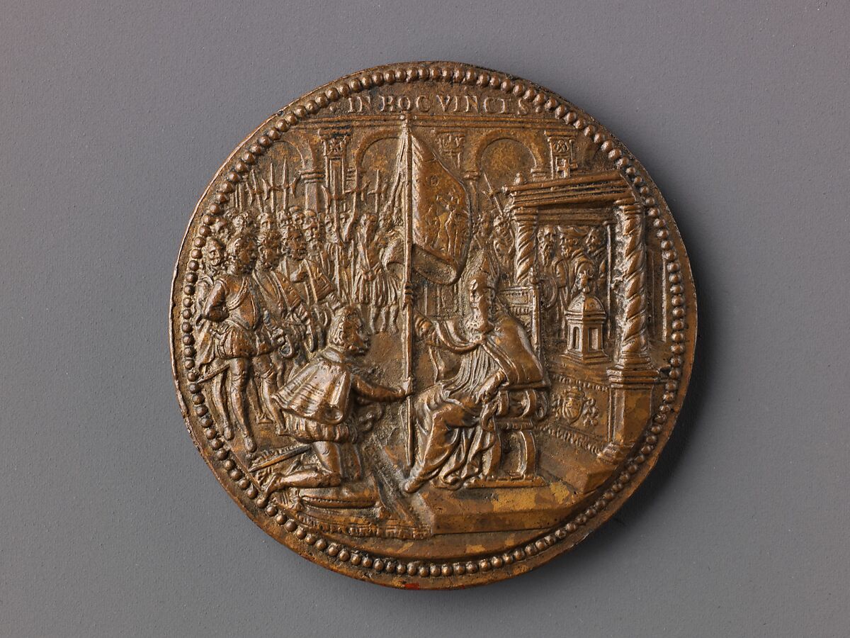 Portrait medal of Antoine Perrenot Granvelle (obverse); Don Juan of Austria Receiving the Standard from Granvelle (reverse), Giovanni V. Melon (Italian, active ca. 1570–90), Bronze (Copper alloy with orange-brown,
mottled cuprite patina).