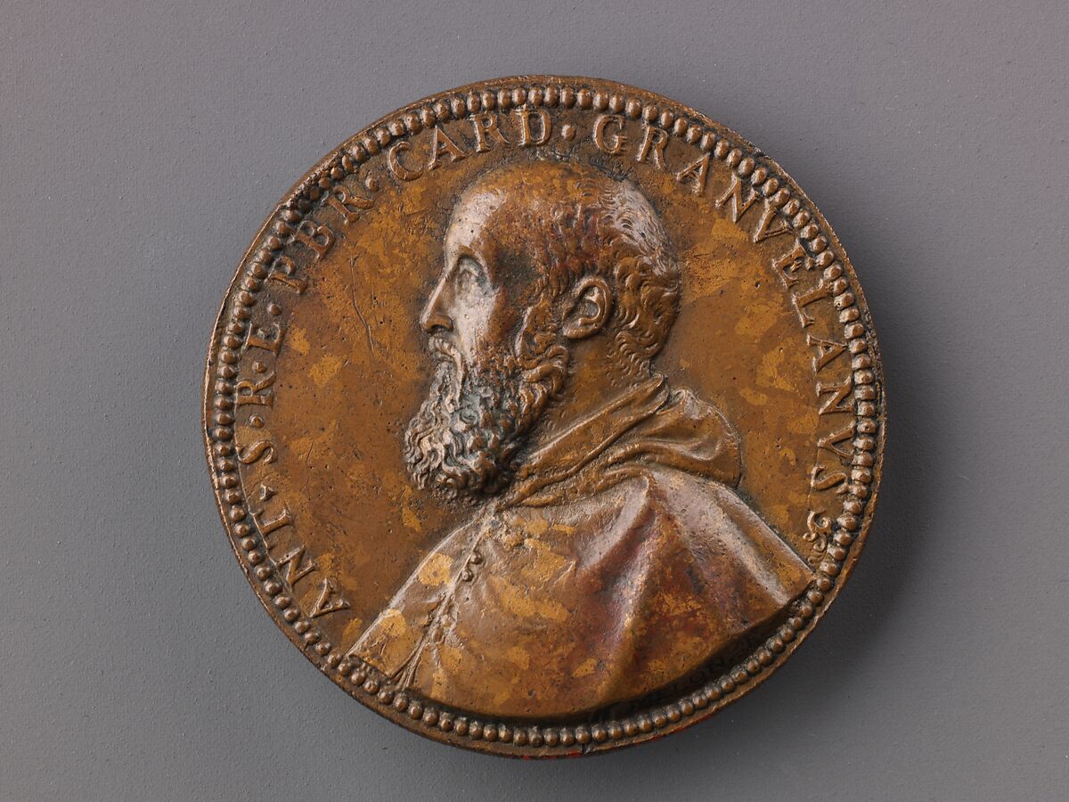 Portrait medal of Antoine Perrenot Granvelle (obverse); Don Juan of Austria Receiving the Standard from Granvelle (reverse), Giovanni V. Melon (Italian, active ca. 1570–90), Bronze (Copper alloy with orange-brown,
mottled cuprite patina).