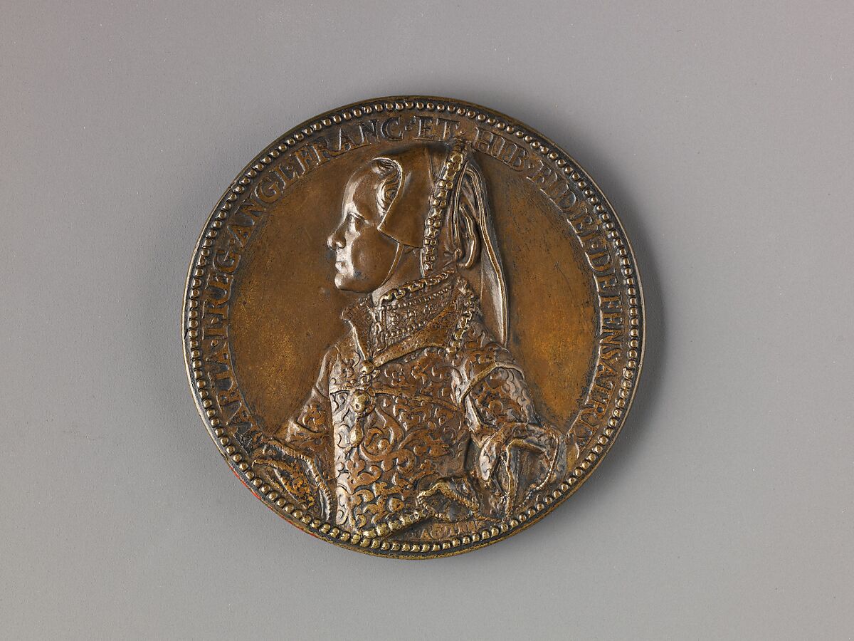 Portrait medal of Mary Tudor Queen of England (obverse); Allegory of Mary Tudor's Reign (reverse), Jacopo Nizolla da Trezzo (Italian, Milan 1515/19–1589 Madrid), Bronze (Copper alloy with honey-colored
patina). 