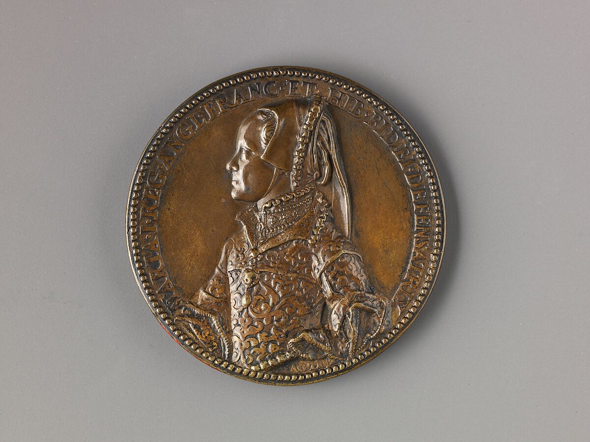 Portrait medal of Mary Tudor Queen of England (obverse); Allegory of Mary Tudor's Reign (reverse), Jacopo Nizolla da Trezzo (Italian, Milan 1515/19–1589 Madrid), Bronze (Copper alloy with honey-colored
patina).