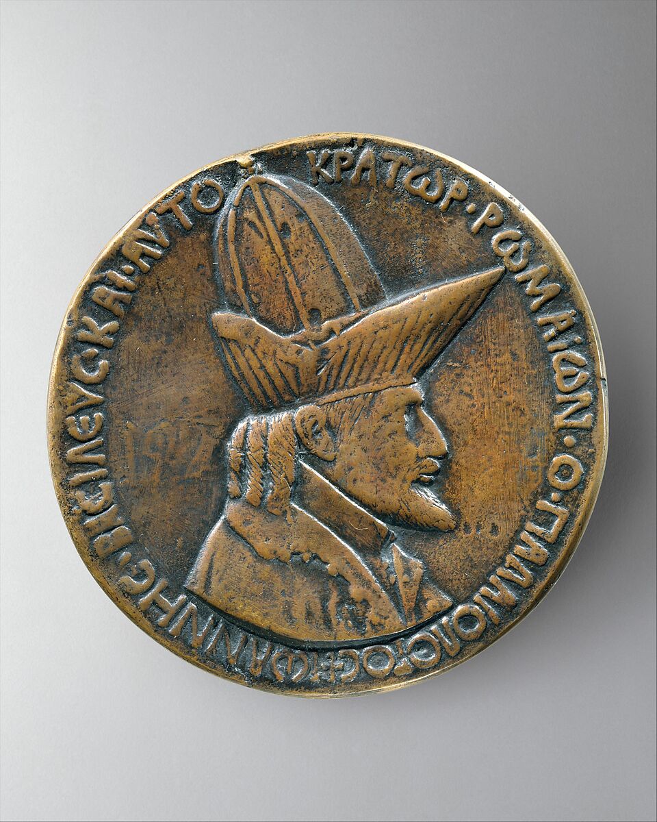 Medal:  John VIII Palaeologus, Pisanello (Antonio Pisano) (Italian, Pisa or Verona by 1395–1455), Copper alloy with warm brown patina and dark wax. 
