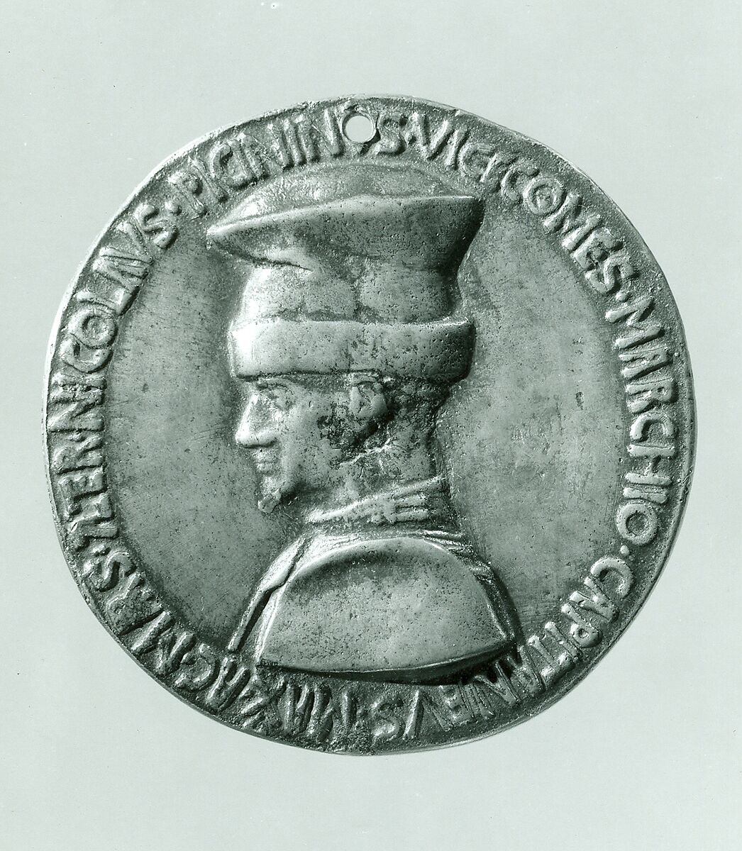 Medal:  Niccolo Piccinino, Pisanello (Antonio Pisano)  Italian, Copper alloy with reddish brown patina and traces of dark wax; pierced.