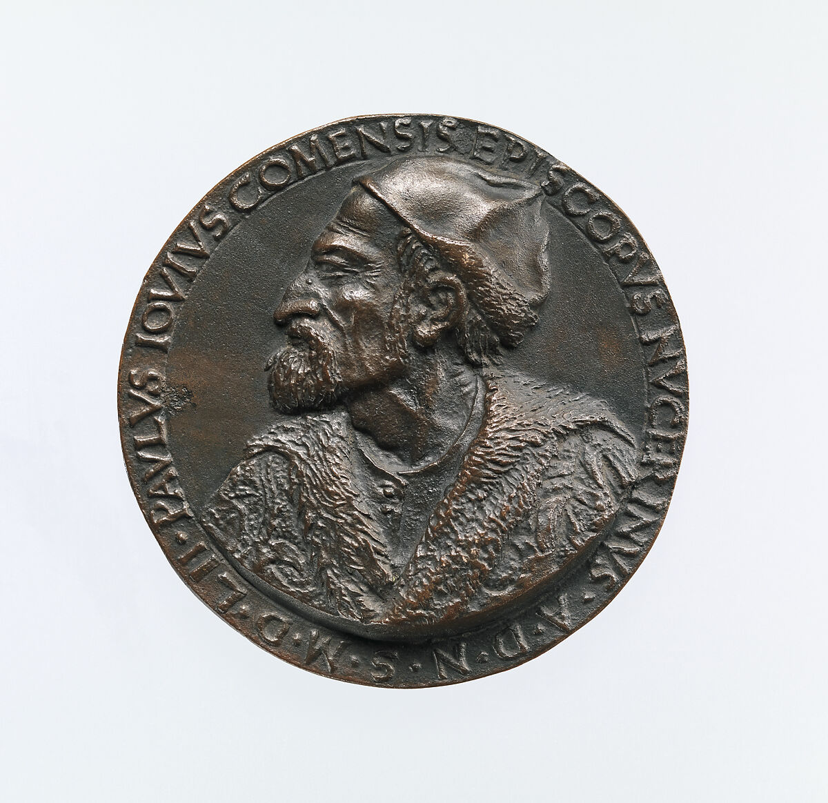 Portrait medal of Paolo Giovio (obverse); Giovio Raising a Man from a Grave (reverse), Francesco da Sangallo (Italian, 1494–1576), Bronze (Copper alloy with brown patina
under a layer of dark wax.) 