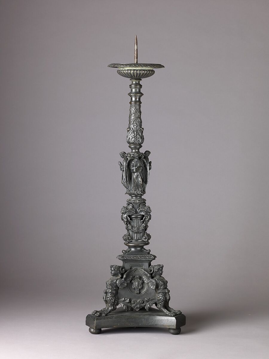 Candlestick with figures of caryatids and putti, Italian  , Venice (?), Copper alloy, with dark green to black patina., Italian, Venice (?) 