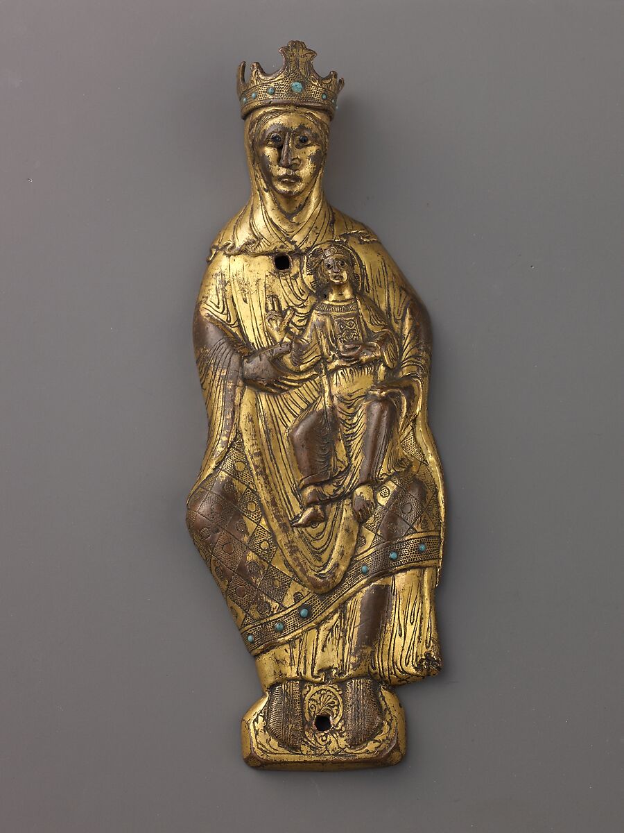 Virgin and Child, Appliqué relief from a chasse.  Cast copper, engraved and gilded; the eyes, crown, and border of Mary's clothes are decorated with dark blue and turquoise enameled beads., French