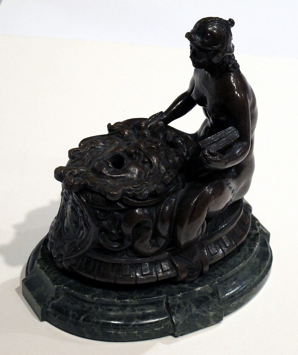 Inkwell, Copper alloy with light reddish brown patina
and remains of a black lacquer patina., Italian, Veneto (Verona?)