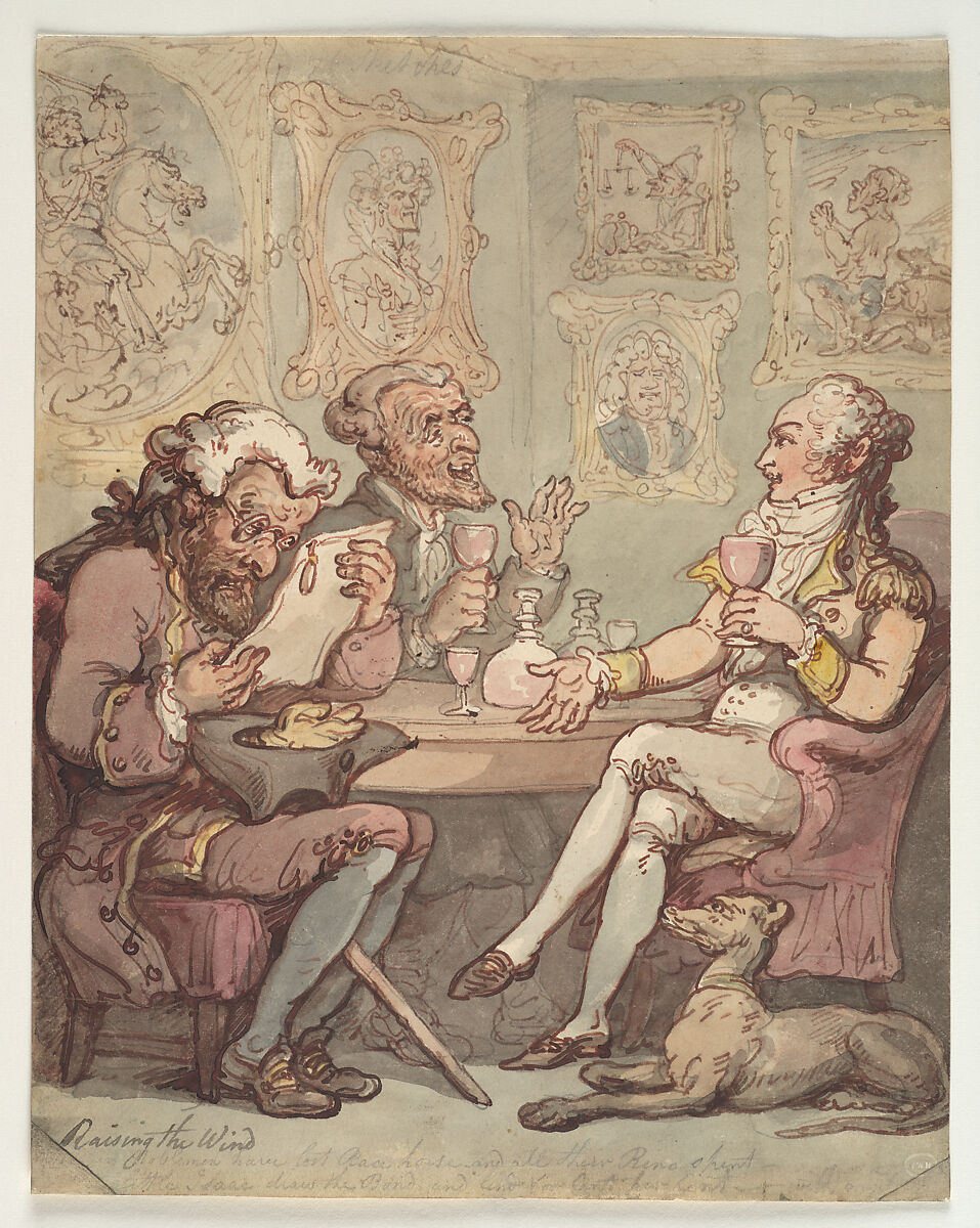 Raising the Wind, Thomas Rowlandson (British, London 1757–1827 London), Pen and brown ink and watercolor over graphite on off-white paper. 