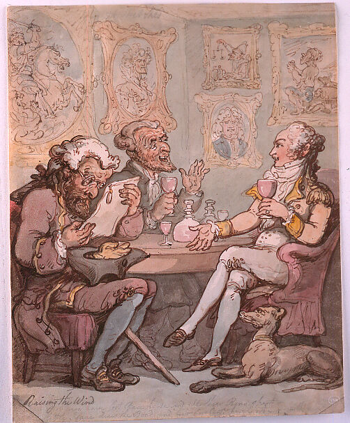 Raising the Wind, Thomas Rowlandson (British, London 1757–1827 London), Pen and brown ink and watercolor over graphite on off-white paper.