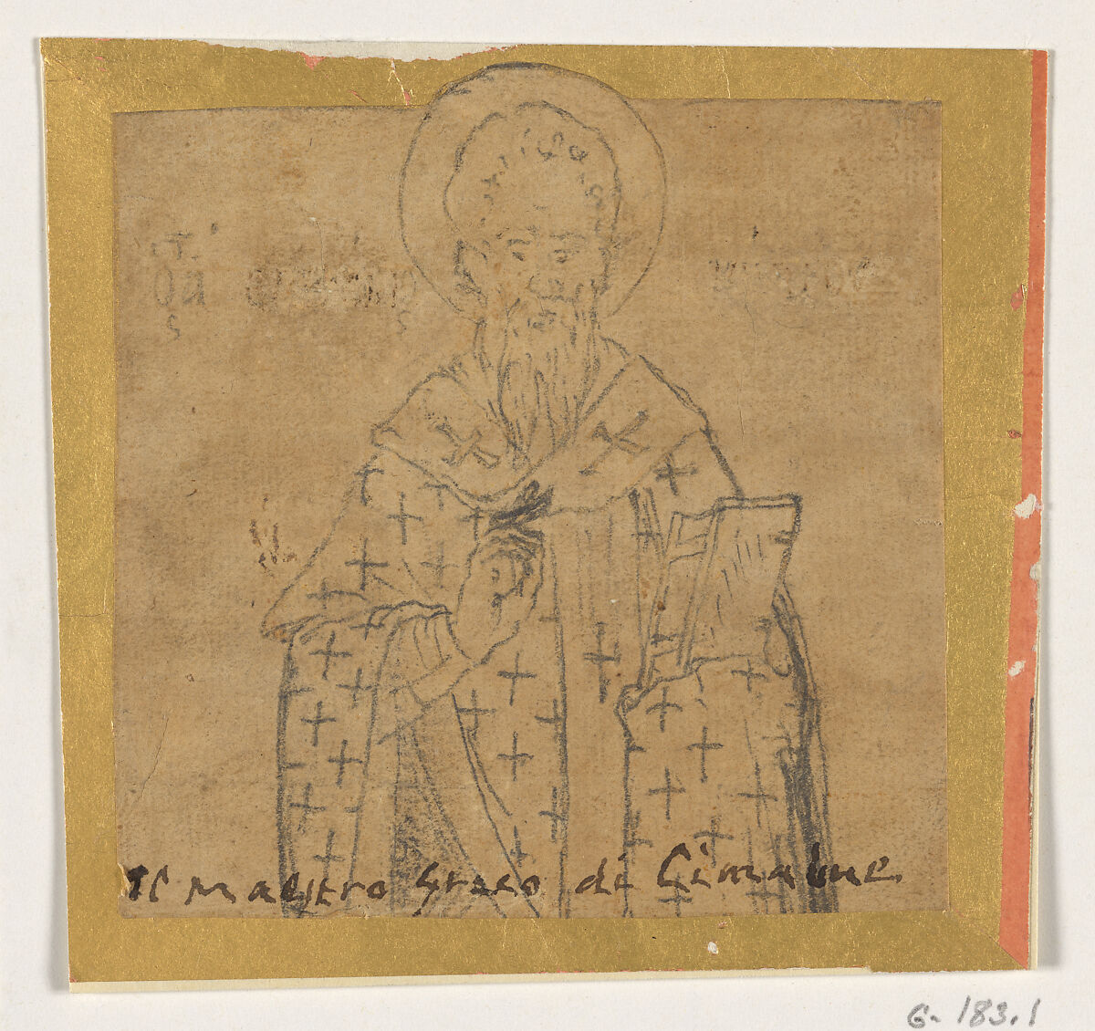 Copy of a Russian Icon, Graphite on paper cut from a larger sheet, trimmed at the top around the halo, and laid down on a larger sheet., Probably Italian