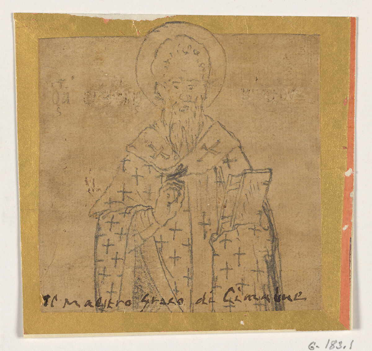 Copy of a Russian Icon, Graphite on paper cut from a larger sheet, trimmed at the top around the halo, and laid down on a larger sheet., Probably Italian 