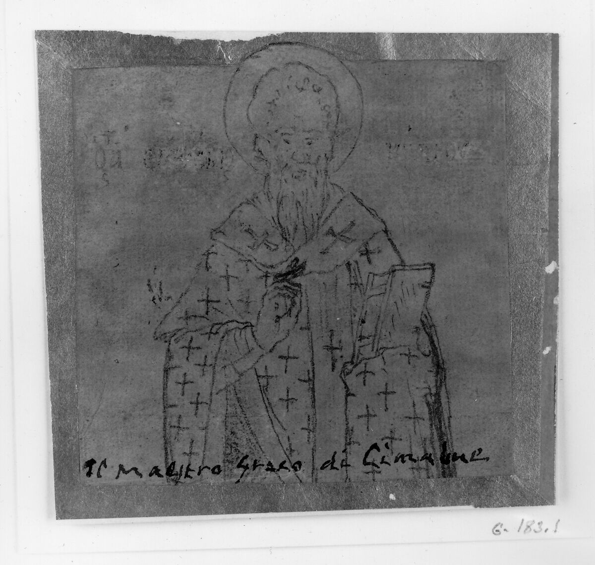 Copy of a Russian Icon, Graphite on paper cut from a larger sheet, trimmed at the top around the halo, and laid down on a larger sheet., Probably Italian