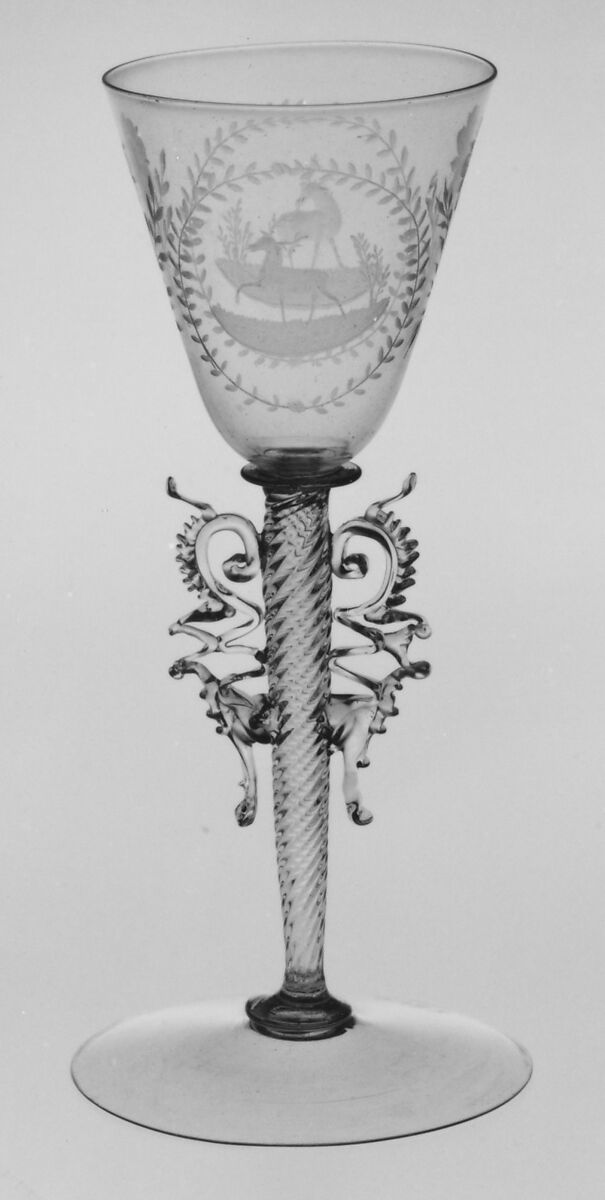 Wineglass, Colorless (slightly tan) nonlead glass. Blown, pattern molded, trailed, pincered, wheel-engraved., probably Italian (Venice)
