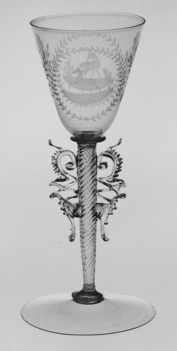 Wineglass, Colorless (slightly tan) nonlead glass. Blown, pattern molded, trailed, pincered, wheel-engraved., probably Italian (Venice) 