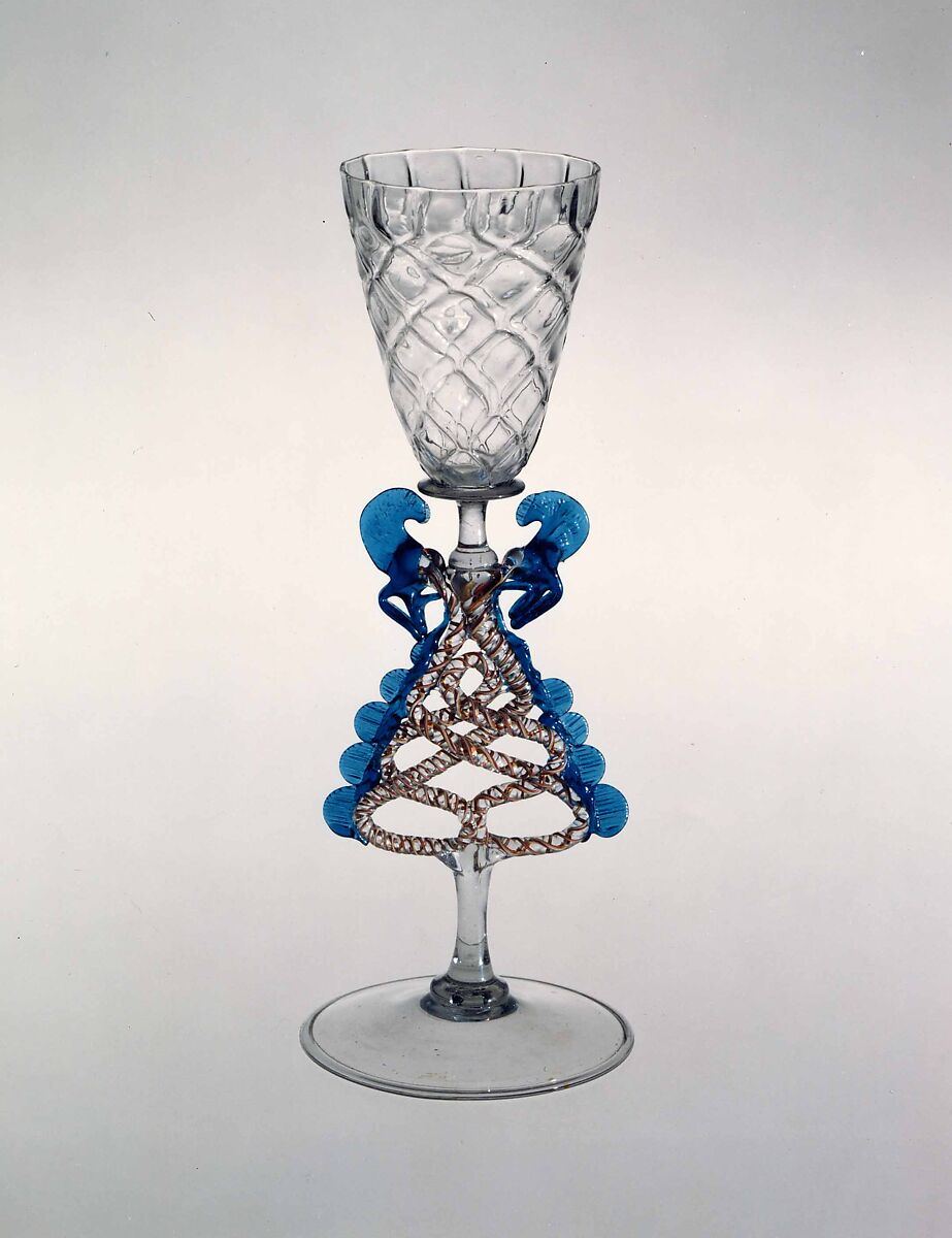 Goblet, Colorless (slightly gray) transparent turquoise blue, and opaque brick red, white, and yellow nonlead glass. Blown, pattern molded, trailed, pincered, "vetro a retorti"., Façon de Venise, probably south Lowlands or Germany 