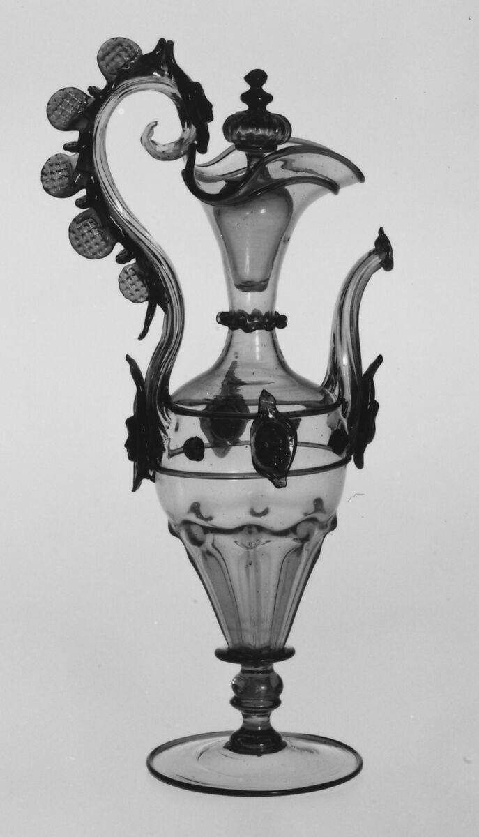 Cruet and Stopper, probably Antonio Salviati (Italian, 1816–1890), Transparent topaz-tinted and dark amethyst nonlead glass. Blown, pattern molded, trailed, applied and impressed parts.