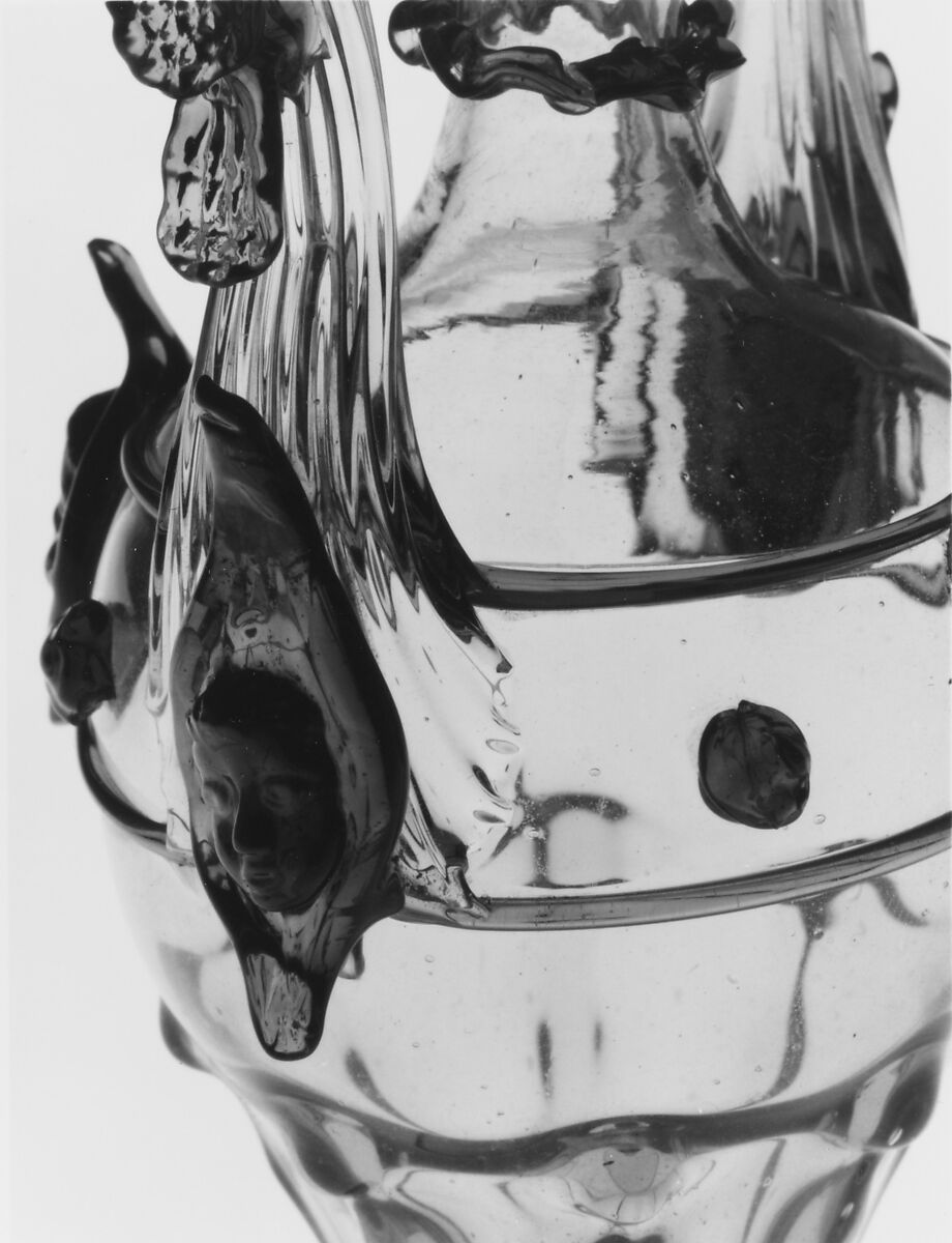 Cruet and Stopper, probably Antonio Salviati (Italian, 1816–1890), Transparent topaz-tinted and dark amethyst nonlead glass. Blown, pattern molded, trailed, applied and impressed parts.