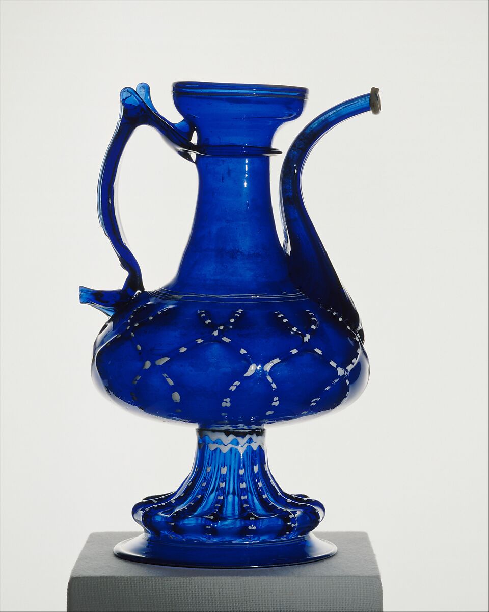 Spouted jug, Transparent dark blue and opaque white nonlead glass. Blown, pattern molded, trailed., Façon de venise, probably Barcelona 