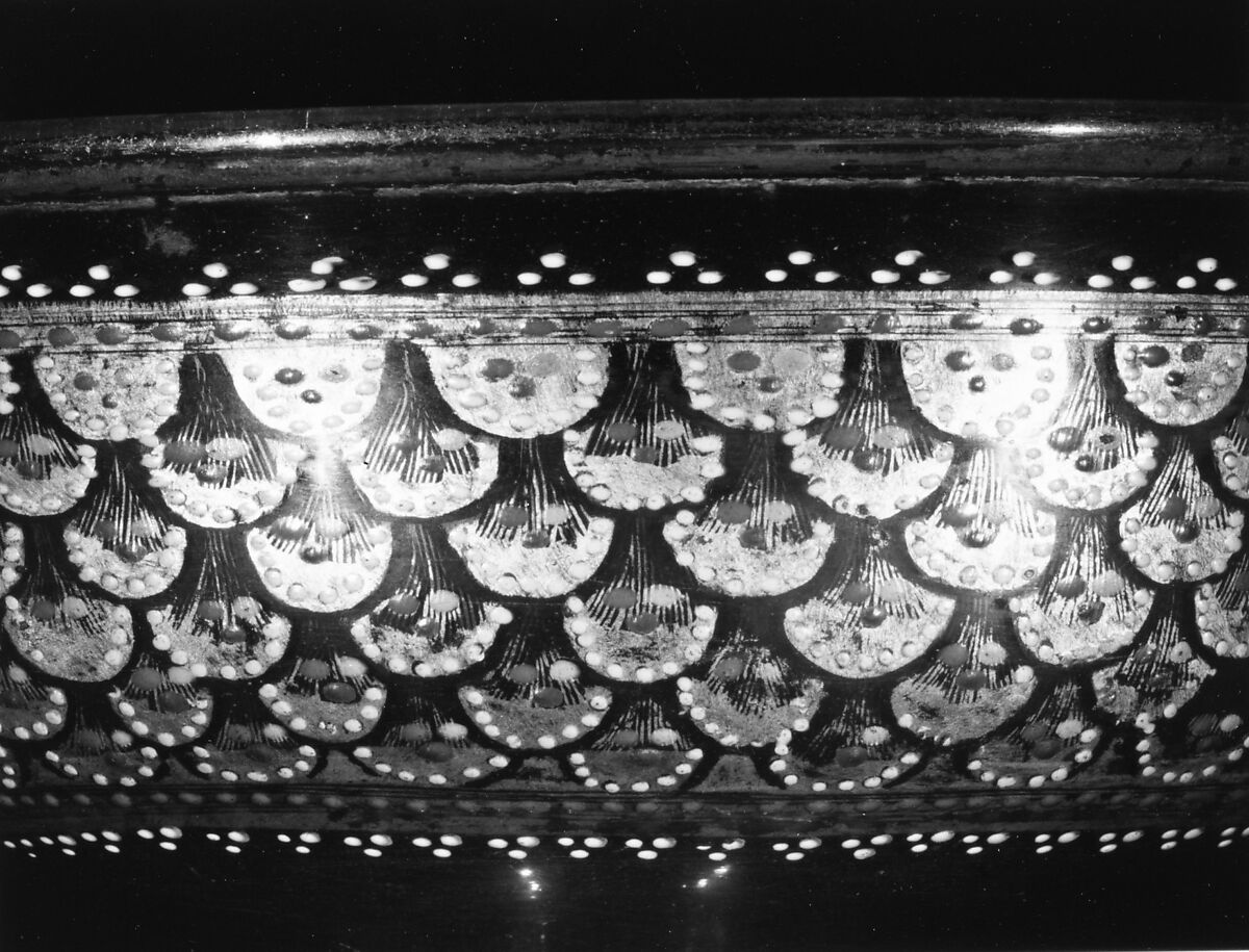 Footed bowl, Colorless (strong grayish tan), bubbly nonlead glass. Blown, enameled, gilt., Italian (Venice)