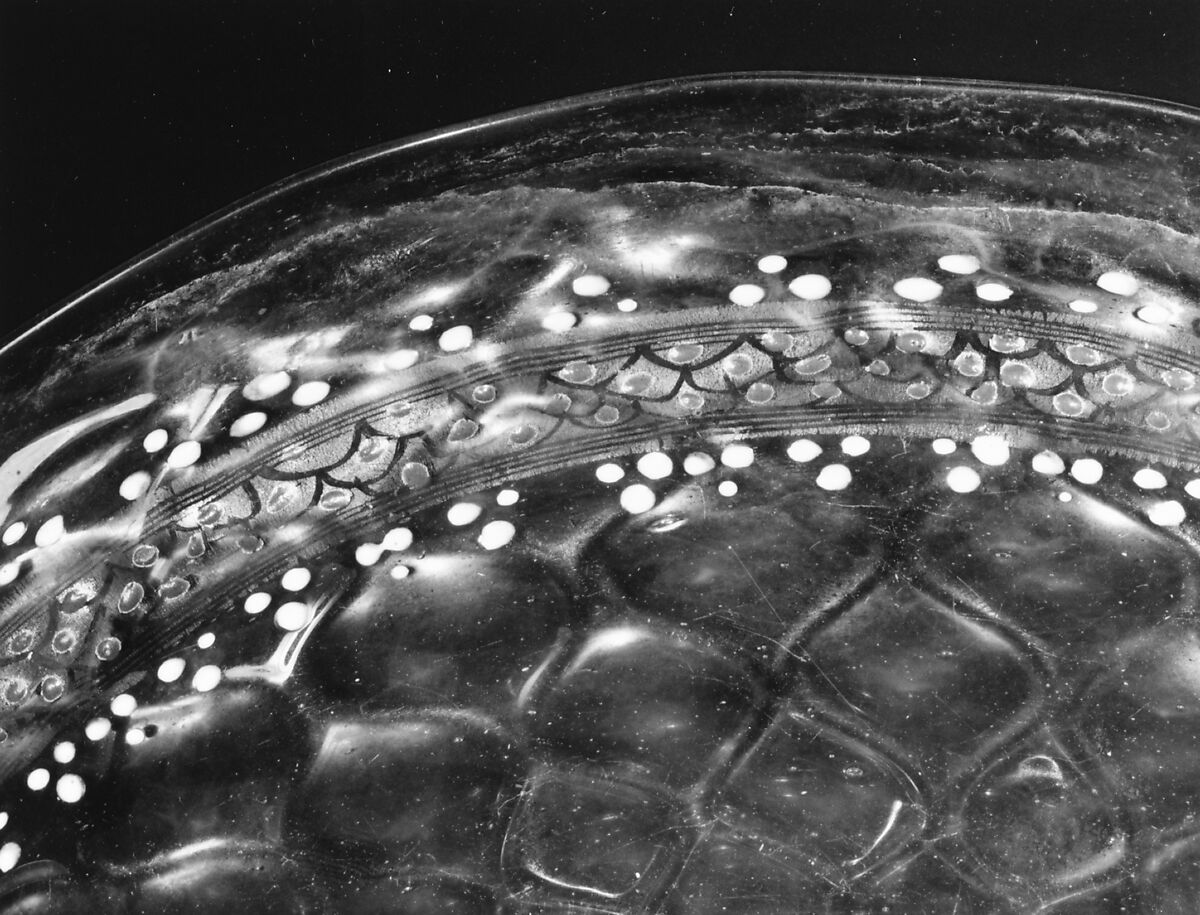 Tazza, Colorless (slightly tan) nonlead glass. Blown, pattern molded, enameled, gilt., Italian (Venice)