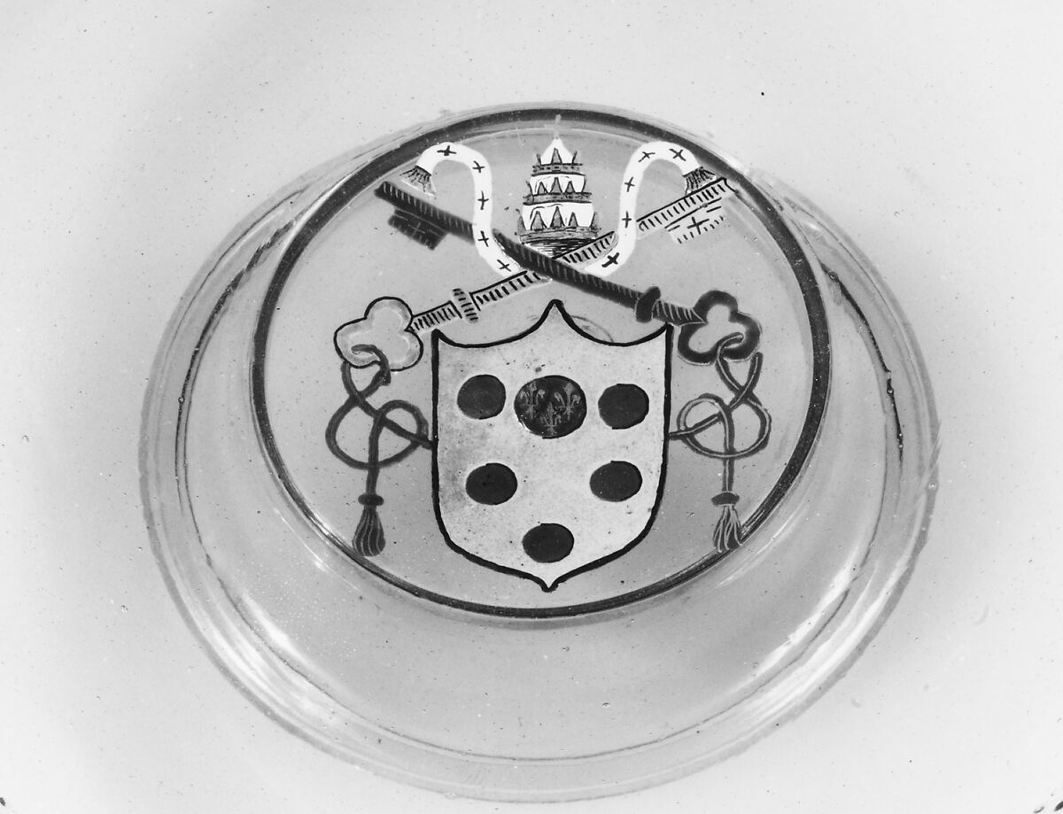 Armorial tazza, Colorless (slightly gray) nonlead glass.  Blown, enameled, gilt., Italian (Venice)