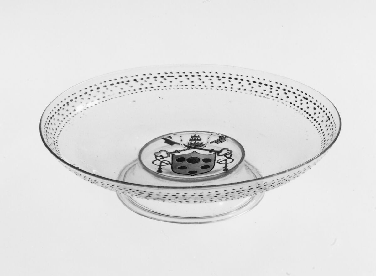 Armorial tazza, Colorless (slightly gray) nonlead glass.  Blown, enameled, gilt., Italian (Venice)