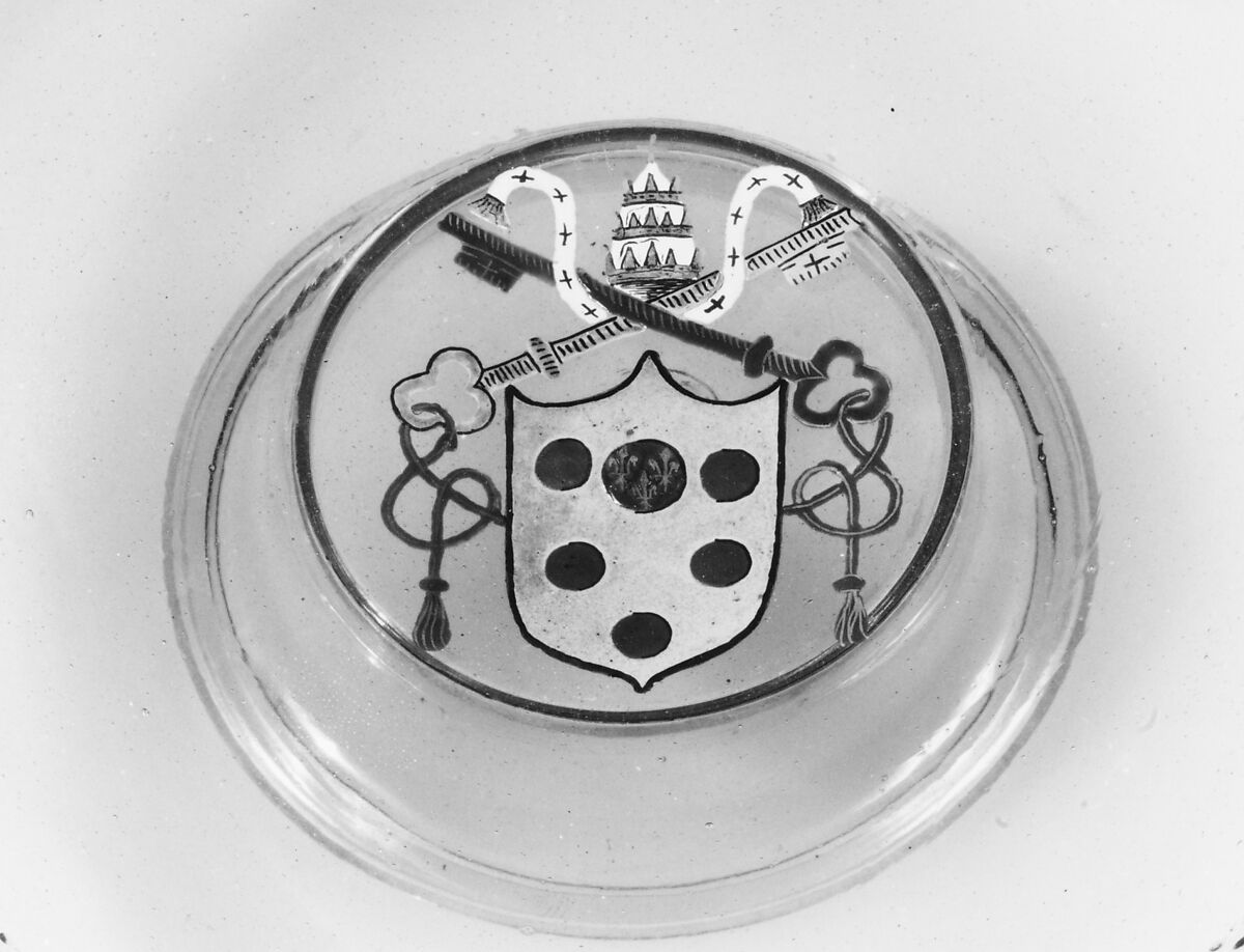 Armorial tazza, Colorless (slightly gray) nonlead glass.  Blown, enameled, gilt., Italian (Venice)