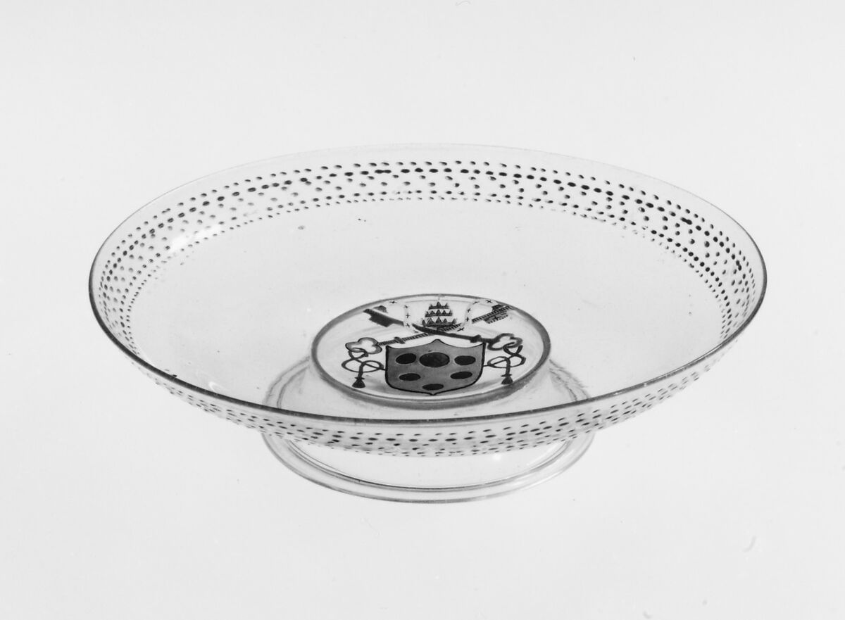 Armorial tazza, Colorless (slightly gray) nonlead glass.  Blown, enameled, gilt., Italian (Venice)