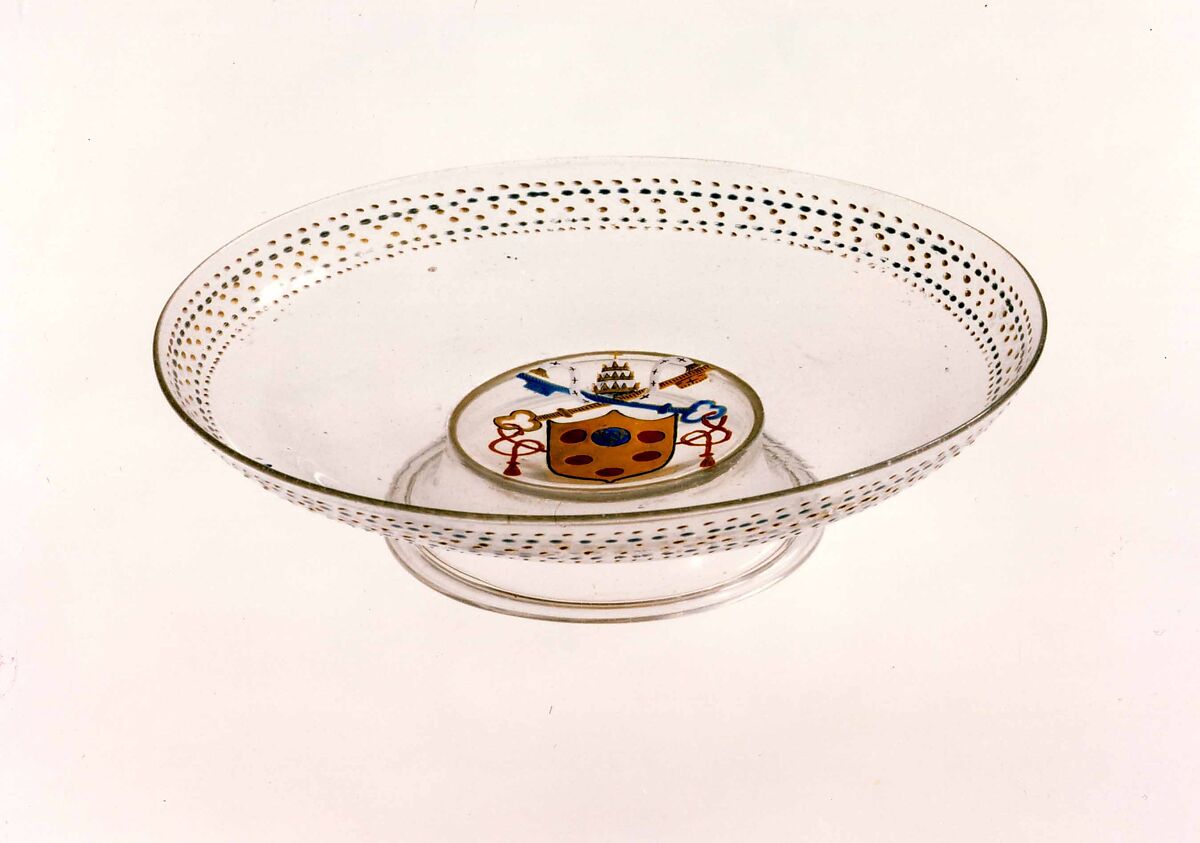 Armorial tazza, Colorless (slightly gray) nonlead glass.  Blown, enameled, gilt., Italian (Venice) 