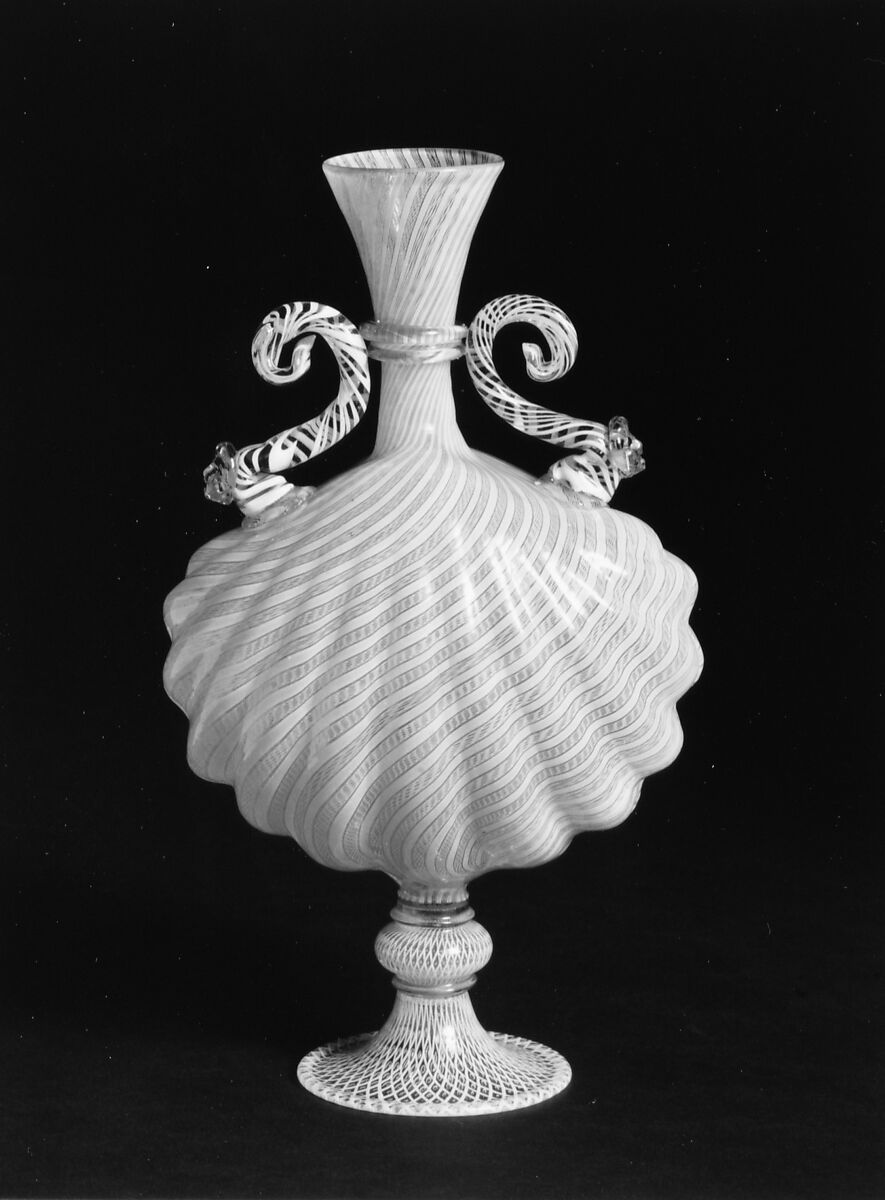 Vase, Colorless (slightly gray) and opaque white nonlead glass. Mold blown, "vetro a retorti" and "vetro a reticello", trailed, molded, gilt., Italian (Venice)