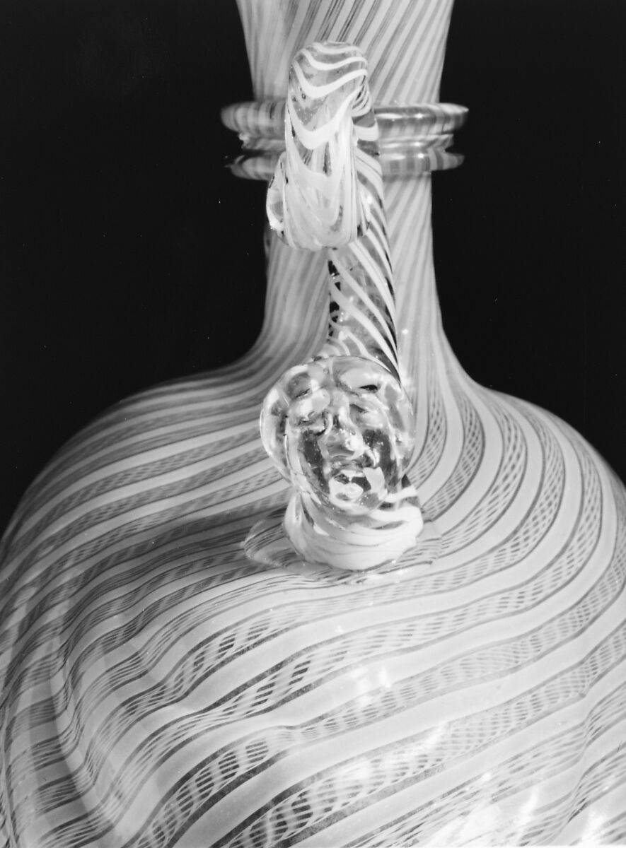 Vase, Colorless (slightly gray) and opaque white nonlead glass. Mold blown, "vetro a retorti" and "vetro a reticello", trailed, molded, gilt., Italian (Venice)