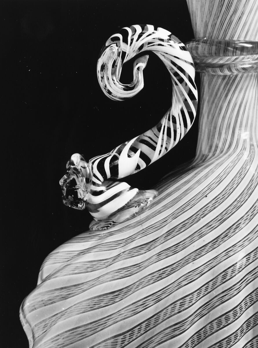 Vase, Colorless (slightly gray) and opaque white nonlead glass. Mold blown, "vetro a retorti" and "vetro a reticello", trailed, molded, gilt., Italian (Venice)