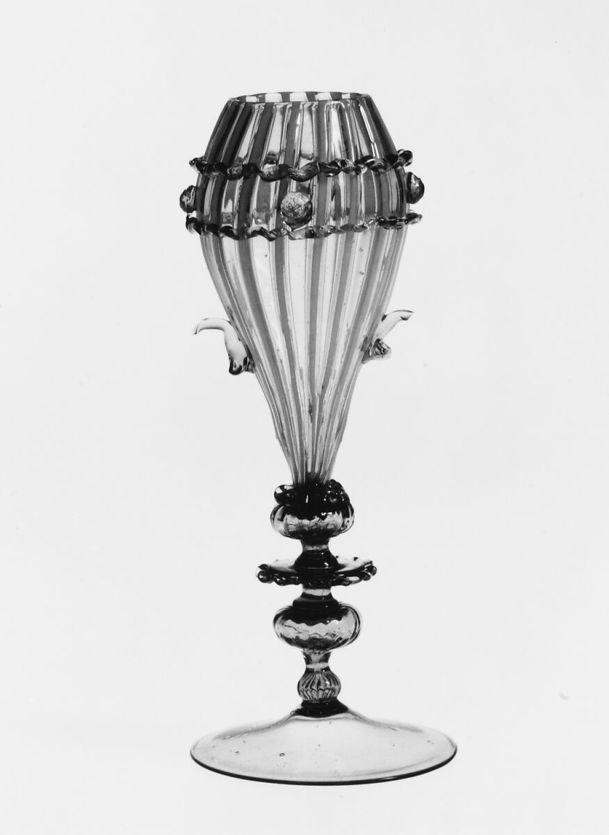 Vase, probably Antonio Salviati (Italian, 1816–1890), Transparent topaz-tinted and opaque brownish white nonlead glass. Blown, pattern molded, "vetro a fili", trailed. 