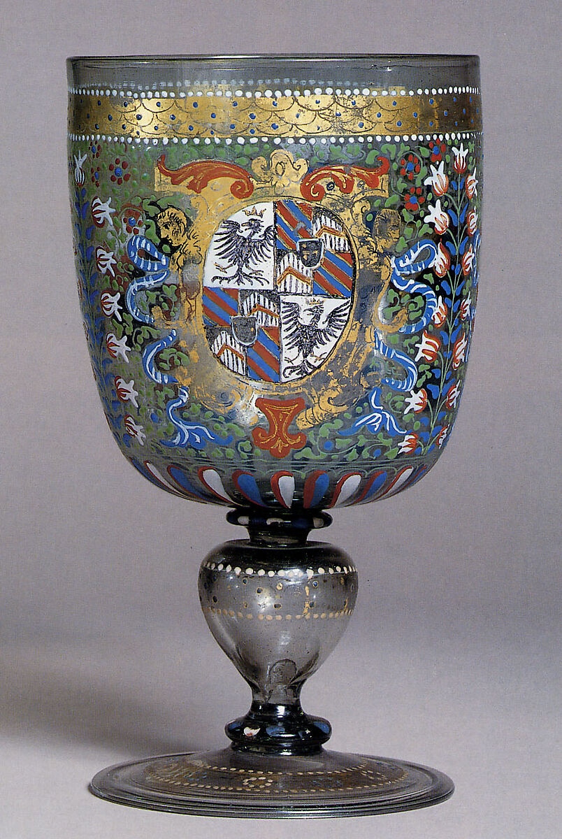 Armorial goblet, Colorless (strong gray) nonlead glass. Blown, enameled, gilt., Façon de Venise, probably southern Germany or Tyrol 