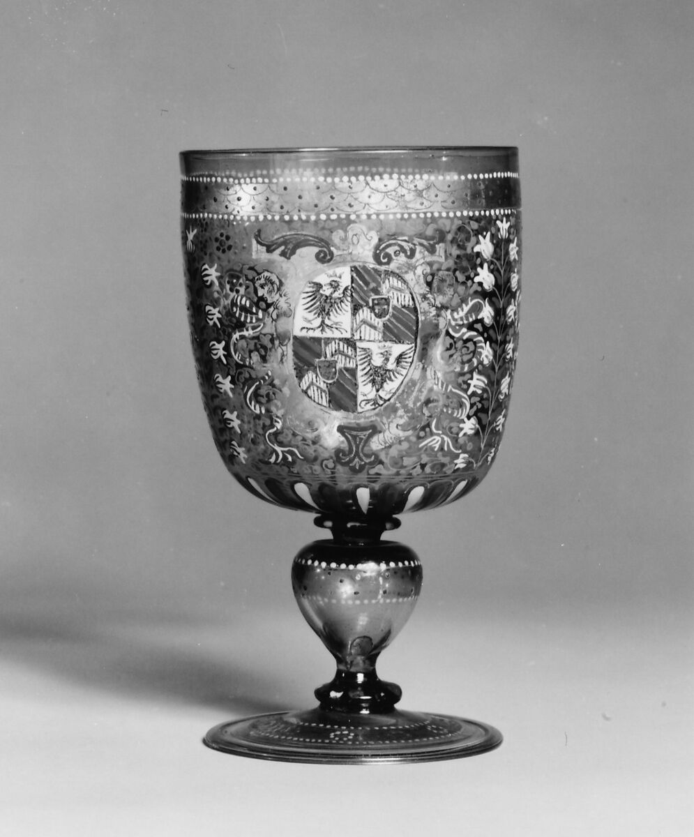 Armorial goblet, Colorless (strong gray) nonlead glass. Blown, enameled, gilt., Façon de Venise, probably southern Germany or Tyrol