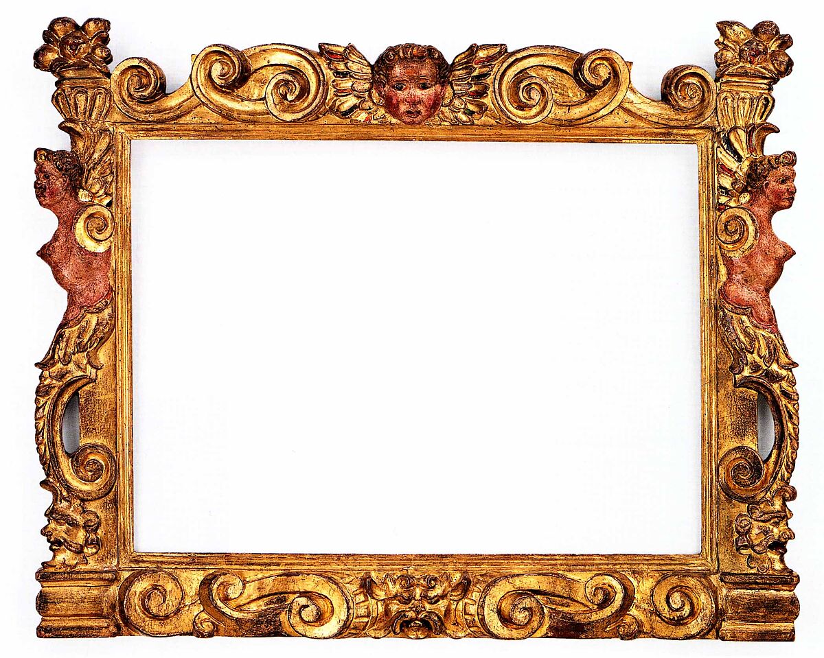 Sansovino-style frame, Pine. Carved, gilt; dark mauve bole, thin gesso, dragon's blood and think green glazes., Florence 