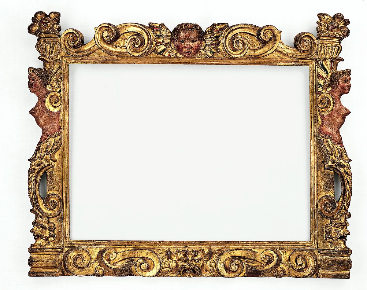 Sansovino-style frame, Pine. Carved, gilt; dark mauve bole, thin gesso, dragon's blood and think green glazes., Florence