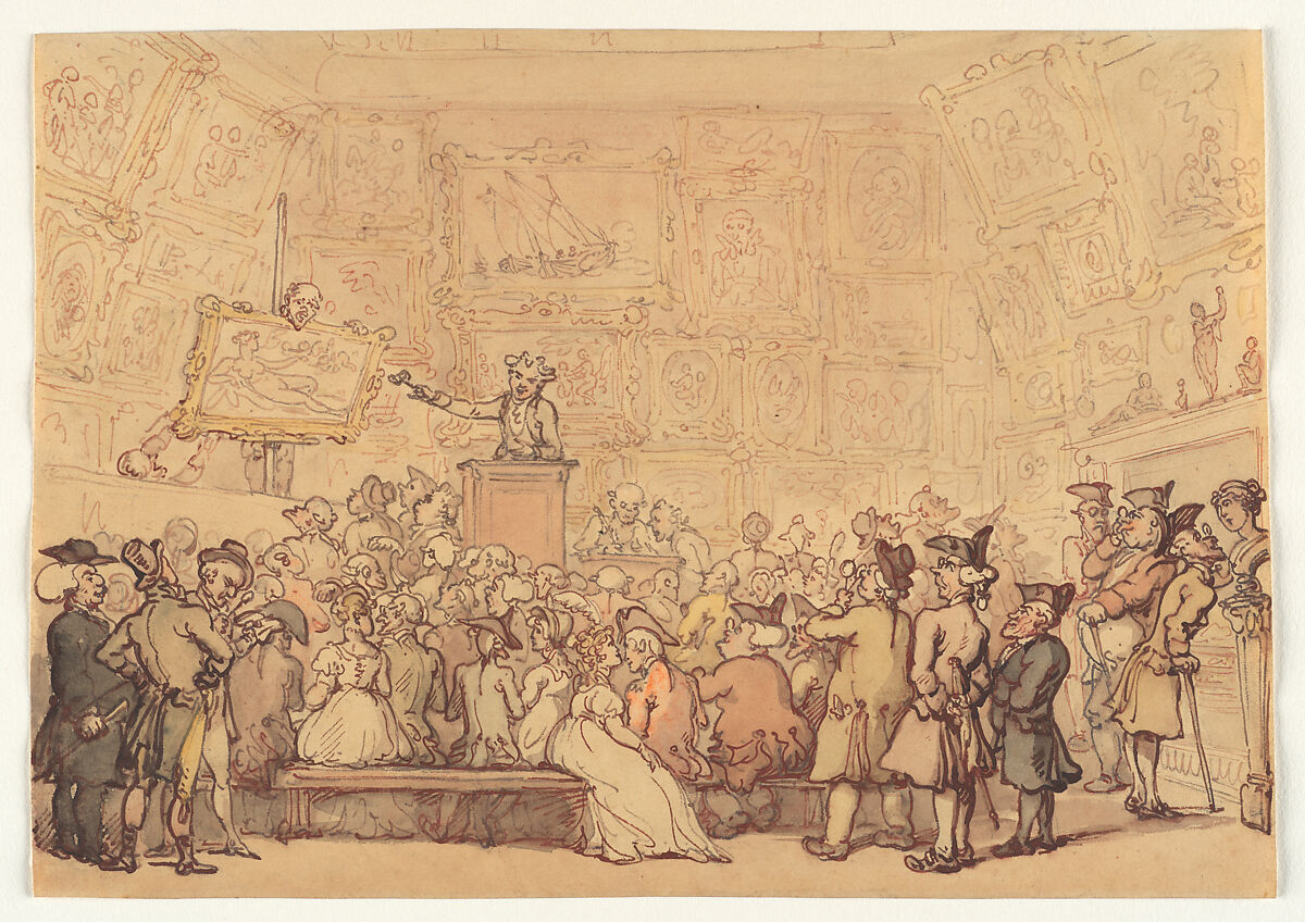 Christie's Auction Room, Pall Mall, Thomas Rowlandson (British, London 1757–1827 London), Pen and brown ink and watercolor over traces of graphite on cream paper. 