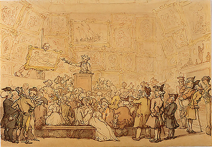 Christie's Auction Room, Pall Mall, Thomas Rowlandson (British, London 1757–1827 London), Pen and brown ink and watercolor over traces of graphite on cream paper.