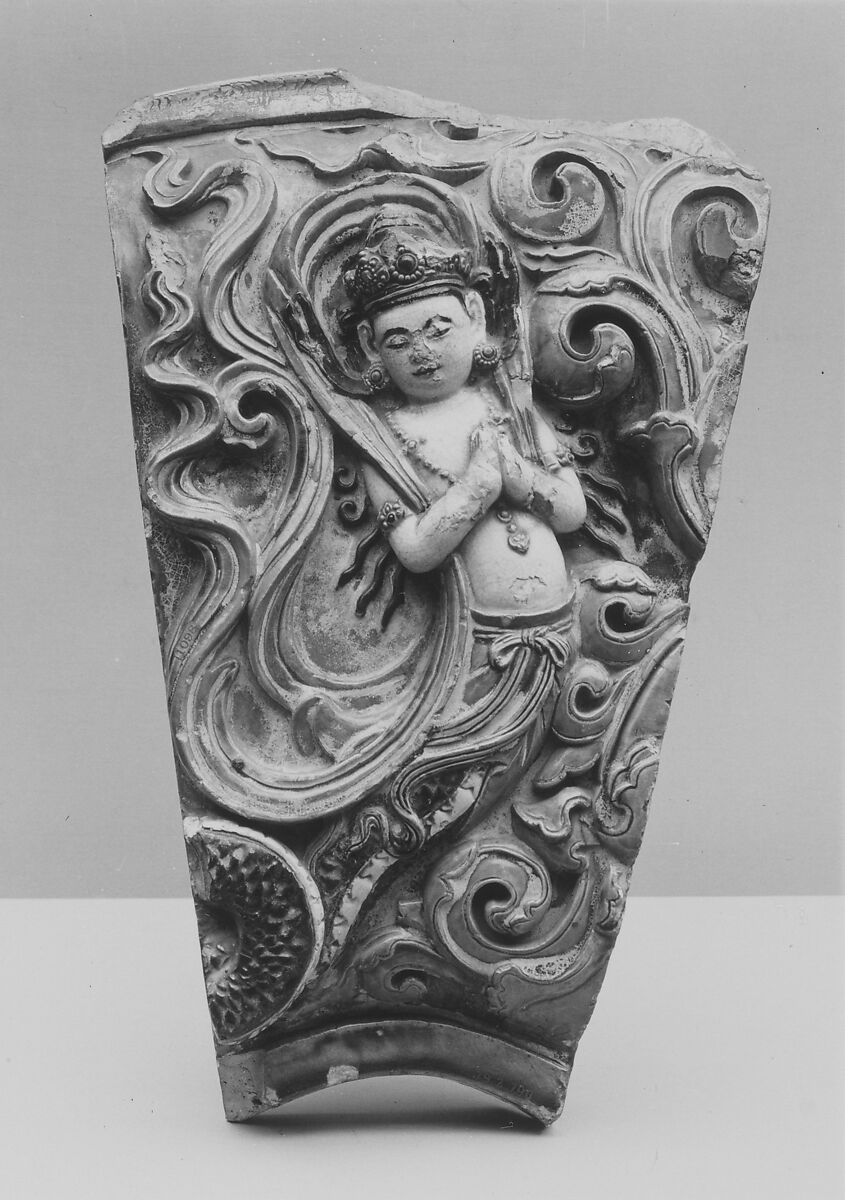Architectural tile with apsara, from the “Porcelain Pagoda”, Stoneware with colored glazes, China 