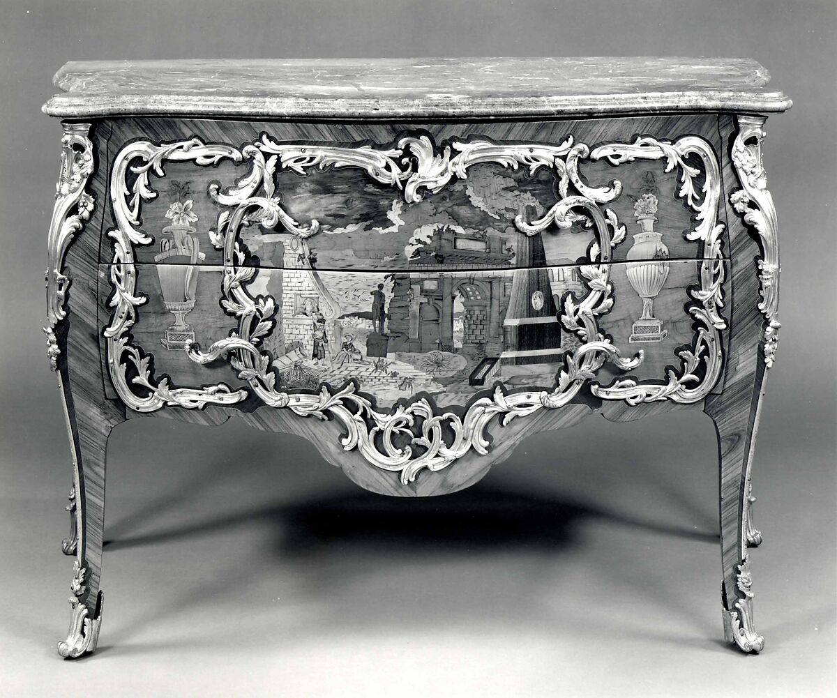 Commode, Attributed to Léonard Boudin (French, 1735–1807, master 1761)  , and, Oak and pine veneered with stained maple, tulipwood, amaranth, and holly stringing, with marquetry of stained, shaded, and engraved maple, mahogany, amaranth, barberry and other marquetry woods; gilt-bronze mounts; marble top; brass rollers.
