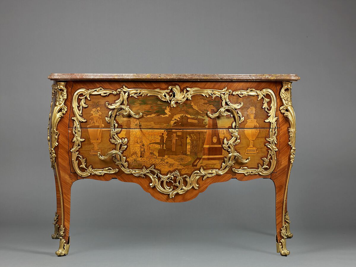 Commode, Attributed to Léonard Boudin (French, 1735–1807, master 1761)  , and, Oak and pine veneered with stained maple, tulipwood, amaranth, and holly stringing, with marquetry of stained, shaded, and engraved maple, mahogany, amaranth, barberry and other marquetry woods; gilt-bronze mounts; marble top; brass rollers. 