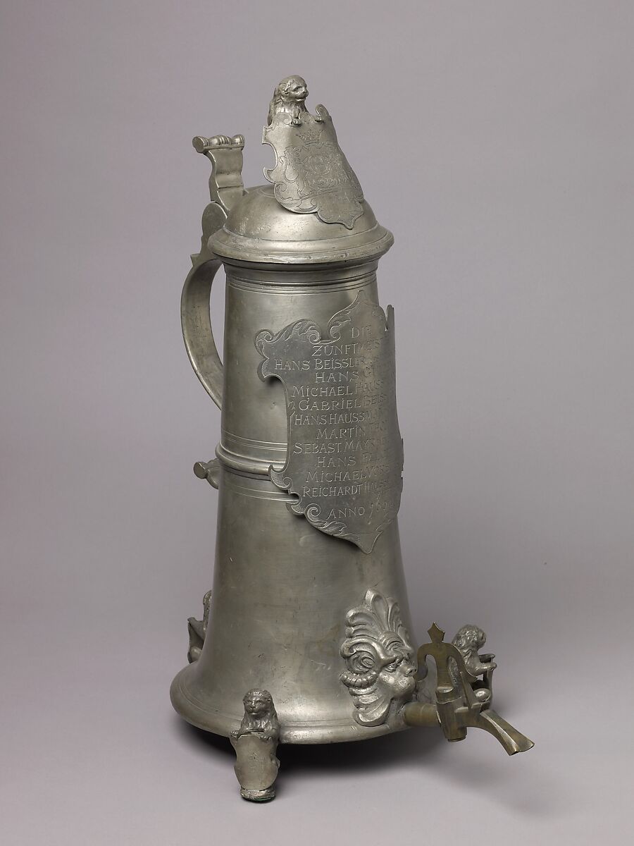 Guild Tankard (Zunftkanne) or Schleifkanne, Pewter, spigot, and turncock of copper alloy., German, Nuremberg 