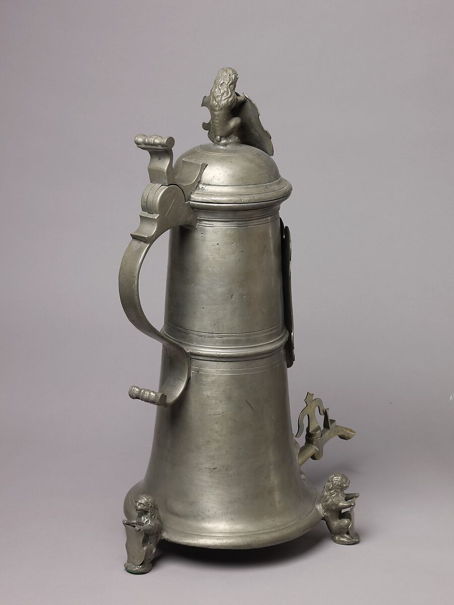 Guild Tankard (Zunftkanne) or Schleifkanne, Pewter, spigot, and turncock of copper alloy., German, Nuremberg