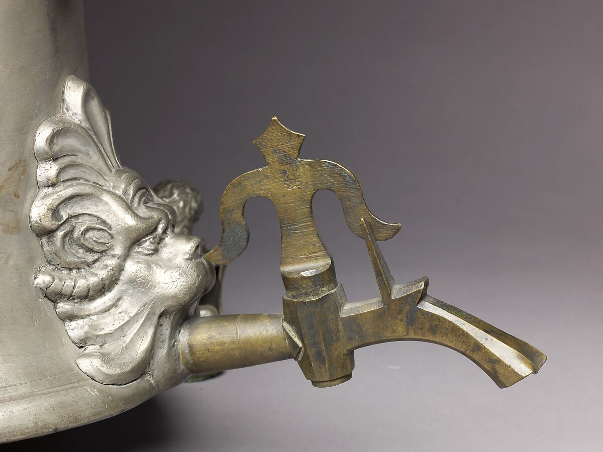 Guild Tankard (Zunftkanne) or Schleifkanne, Pewter, spigot, and turncock of copper alloy., German, Nuremberg