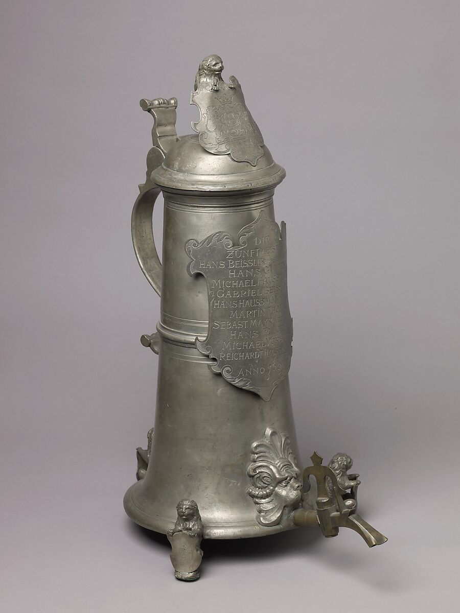 Guild Tankard (Zunftkanne) or Schleifkanne, Pewter, spigot, and turncock of copper alloy., German, Nuremberg