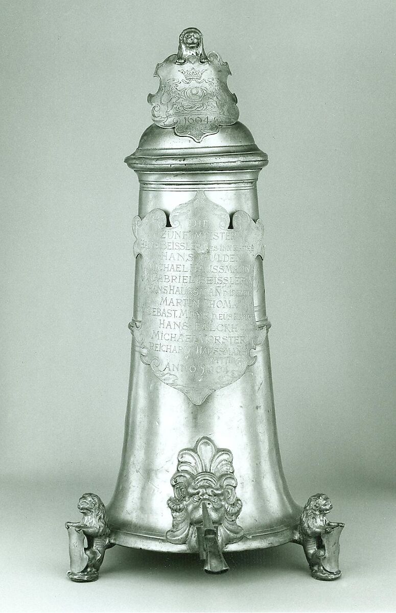 Guild Tankard (Zunftkanne) or Schleifkanne, Pewter, spigot, and turncock of copper alloy., German, Nuremberg