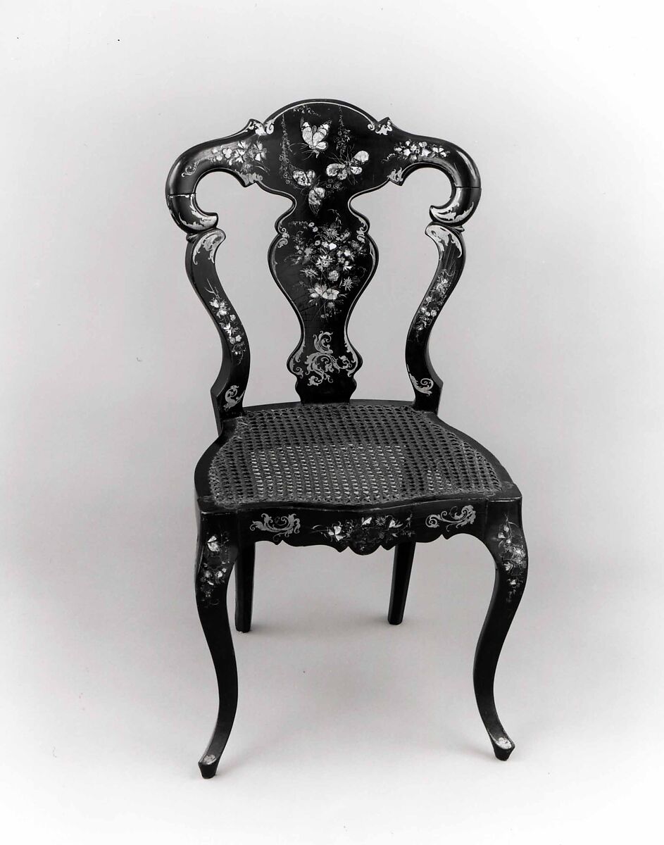 Papier-mâché side chair, Wood, papier-mâché, black lacquer, painted and gilded, mother-of-pearl, caned seat., British (?) 