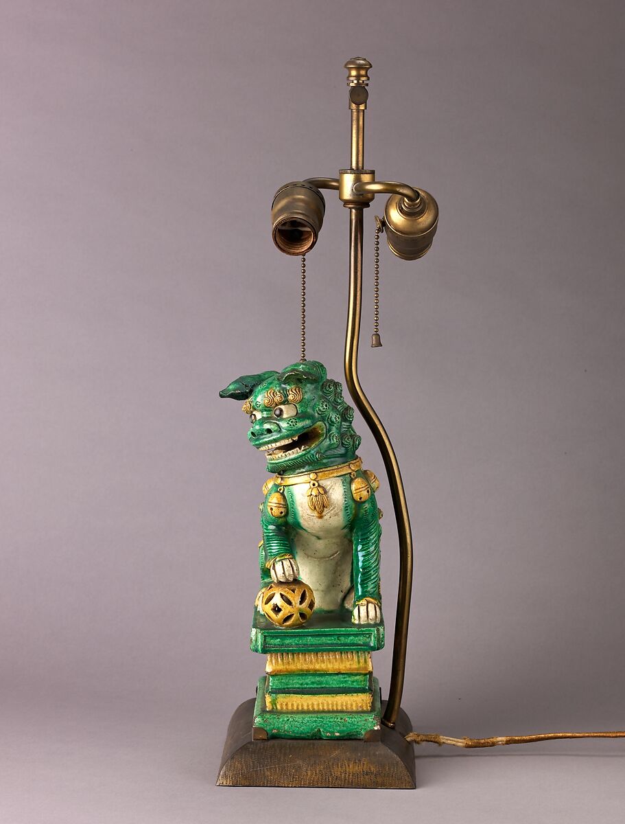 Figure of lion mounted as lamp, Chinese  , Qing Dynasty, Porcelain with colored glazes., Chinese 