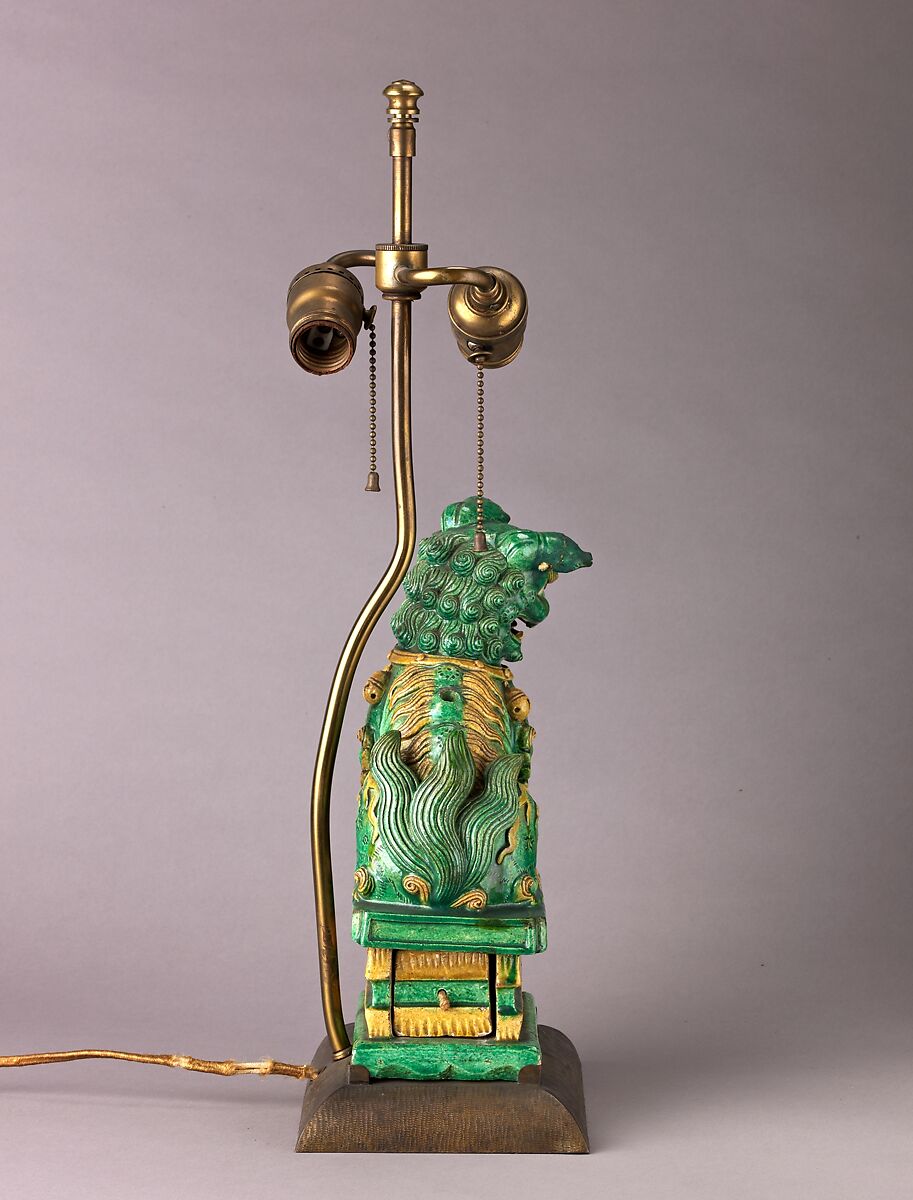 Figure of lion mounted as lamp, Chinese  , Qing Dynasty, Porcelain with colored glazes., Chinese